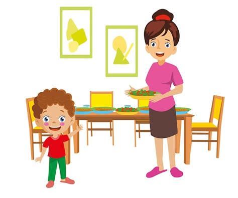 Madre E Hijo Preparando La Mesa Para La Cena Vector Premium