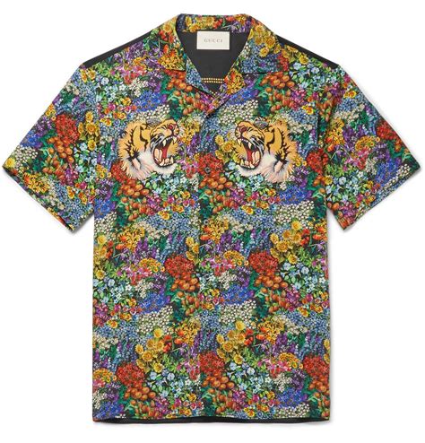 Gucci Appliquéd Floral Print Washed Silk Shirt Mens Retro Shirts