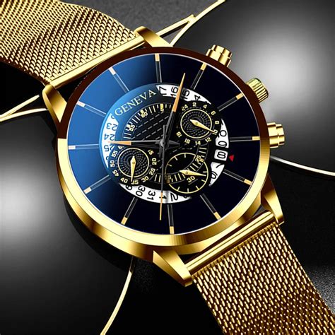 Mens Fashion Business Calendar Watches Blue Stainless Steel Mesh Belt