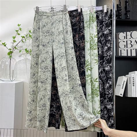 Retro Ink Print Tie Tingido Lazy Wind Ice Sky Silk Wide Leg Pants Para