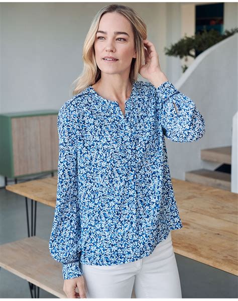 Blue Floral Lace Insert Notch Neck Blouse Pure Collection