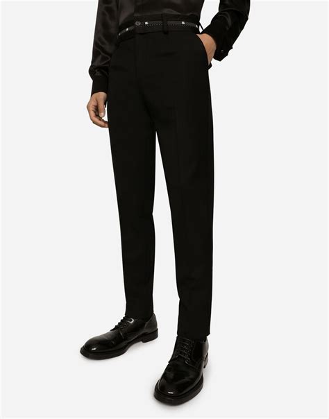 Stretch Wool Pants With Branded Waistband In Black For Men Dolceandgabbana®