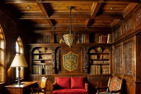 Medieval-style (study room interior) with cabinets and desk lamp and ...