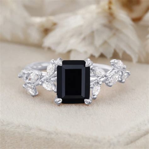 Nature Inspiration Emerald Cut Black Onyx Engagement Ring Branch