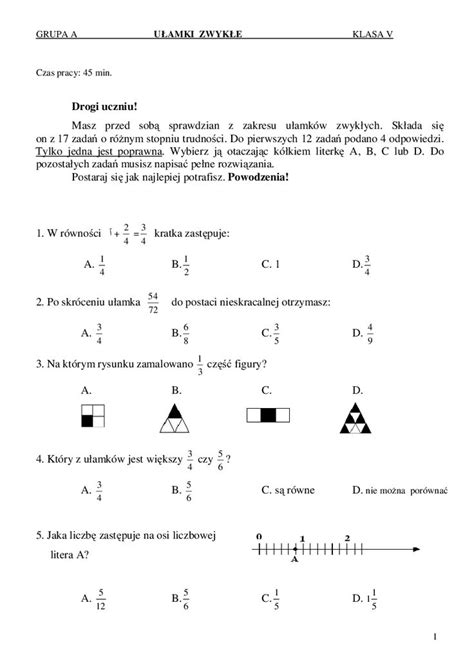 Test Z Matematyki Klasa Ulamki M Dry