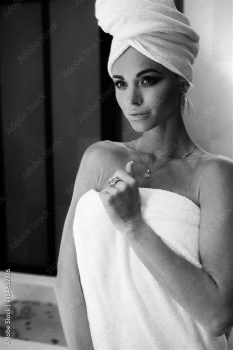 Black And White Photo Of Sensual Woman After Bath Or Shower Standing In