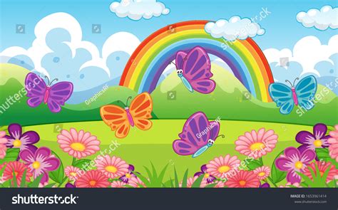 Nature Scene Background Butterflies Rainbow Garden Stock Vector