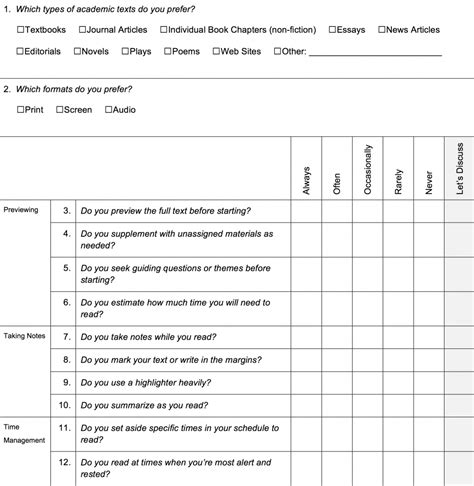 Reading Strategies Self Assessment Learning Center