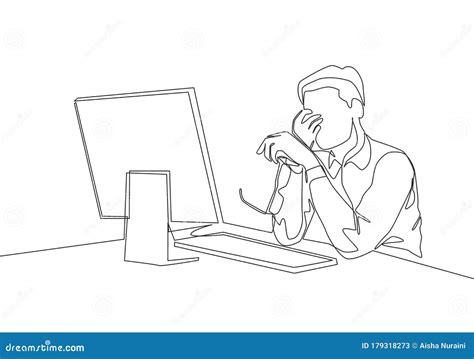 Single Continuous Line Drawing of Young Tired Male Employee Holding the Glasses while Working in ...