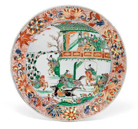 A LARGE VERTE IMARI EQUESTRIAN WARRIOR DISH KANGXI PERIOD 1662