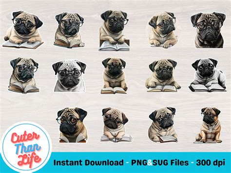 14 Study Pugs Commercial Use Pug Svg Bundle Pug Png Bundle Pug Clip Art