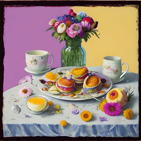 A Surreal Painting Of A Breakfast Still Life Colourful Flowers