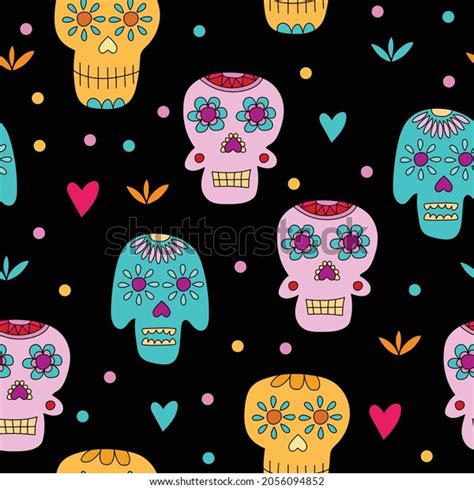 Sugar Skull Seamless Pattern On Black Stock Vector Royalty Free