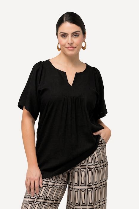 Short Sleeve Split Neck Linen Blouse Black Ulla Popken