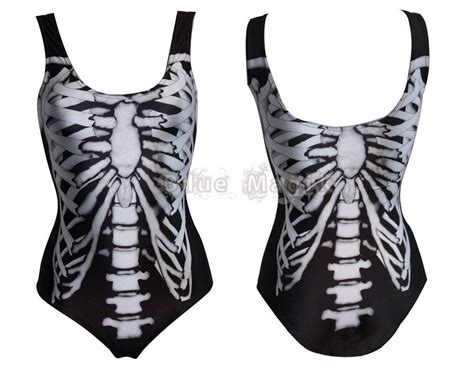 Black And White X Ray Skeleton Ribcage Bones Swimsuit Bodysuit Top Goth Punk In Clothes Shoes