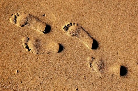 Fondo De Textura Huellas De Pies Humanos En La Arena Cerca Del Agua En