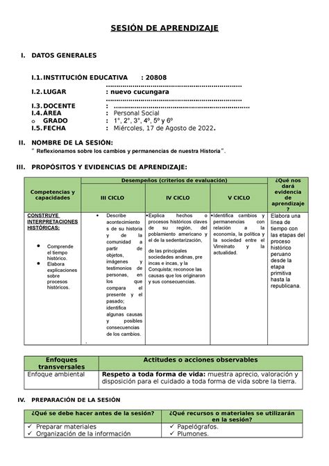 Sesi N De Aprendizaje Ps Reflexionamos Sobre Los Cambios Y Permanencias