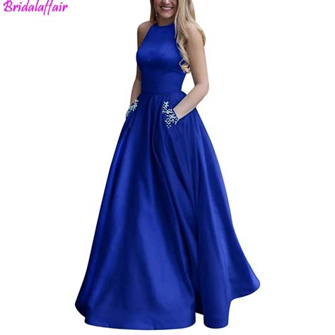 Womens Royal Blue Dress Beaded Halter Satin Prom Dress A Line Open