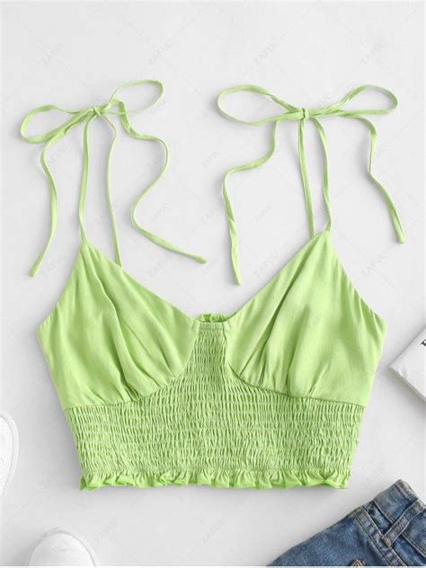 36 Off 2021 Zaful Smocked Tie Shoulder Crop Camisole In Tea Green Zaful