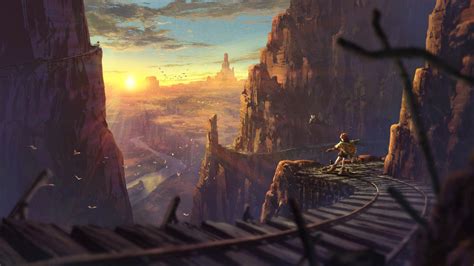 Desert Sunrise Railroad - Anime HD Wallpaper by dengaku