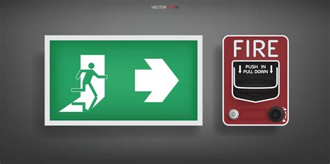 Emergency Fire Exit Door Symbol And Red Fire Alarm Switch On Gray Background Vector 3793601