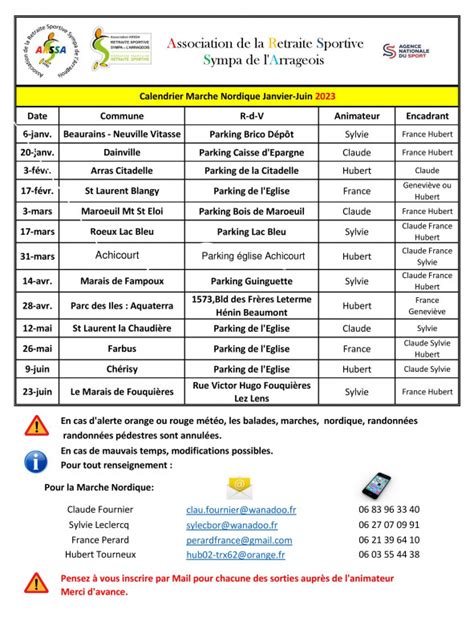 Planning Marche Nordique Du Premier Semestre 2023