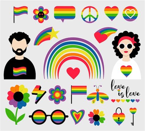 Lgbt 세트 Lgbtq 커뮤니티 기호 레즈비언 및 게이 플래그 사랑 요소 Gay Pride Month Groovy