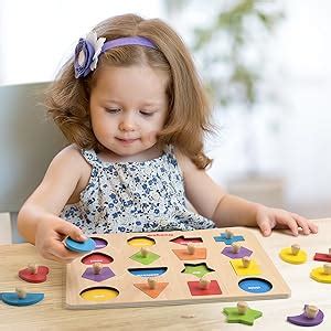 Coogam Montessori Toy Wooden Shape Peg Puzzle Fine Motor Color