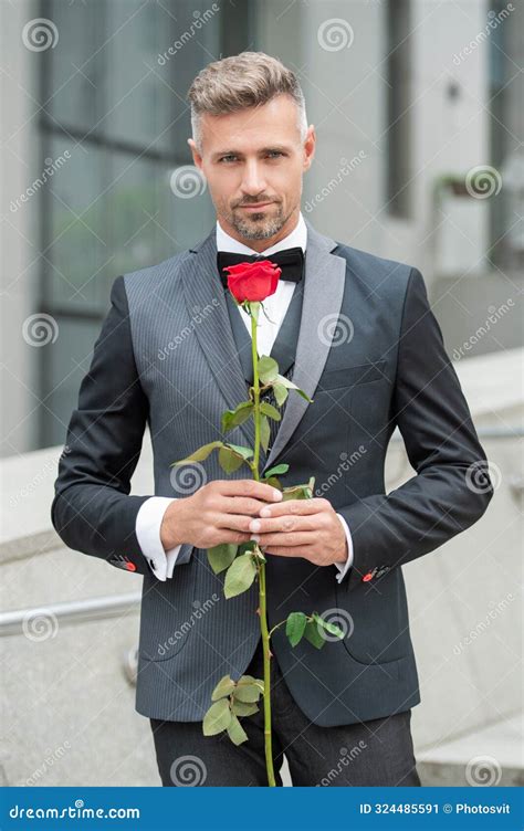 Elegant Man In Black Tuxedo Man Wearing Tuxedo Bowtie Outdoor Stock