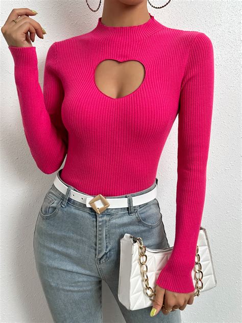 Shein Essnce Cut Out Mock Neck Ribbed Knit Tee Shein Usa