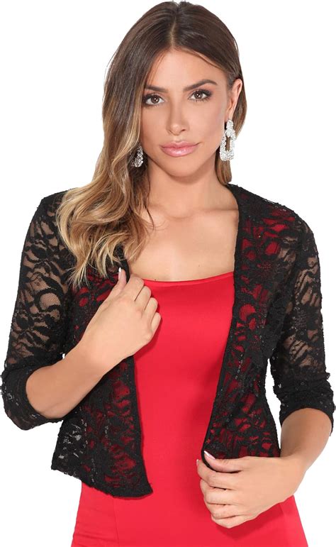 Krisp Boléro Femme Dentelle Veste Courte Paillettes Chic Manches 3 4