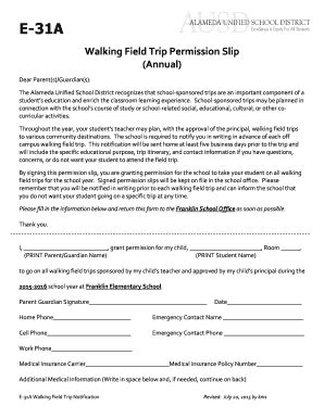 Fillable Online Walking Field Trip Permission Slip Franklin