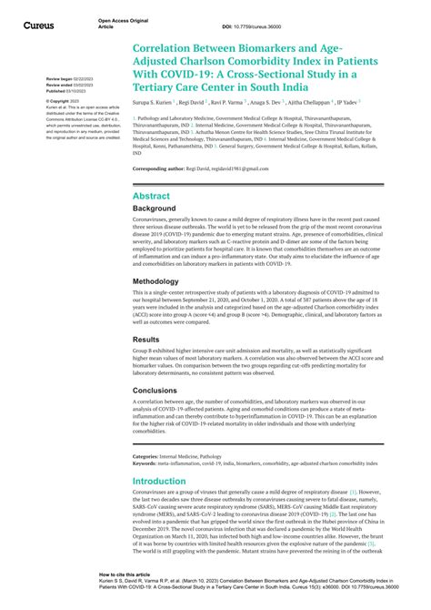 PDF Correlation Between Biomarkers And Age Adjusted Charlson