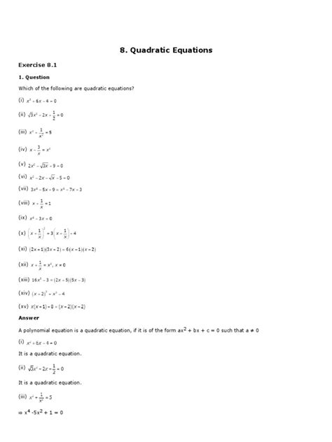 Determining Quadratic Equations And Solving Problems Involving Quadratic Equations Pdf