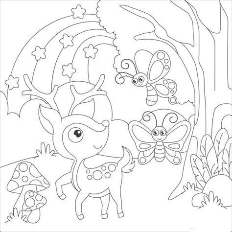 Coloriage Biche dans la foret avec des papillons dessin gratuit à imprimer