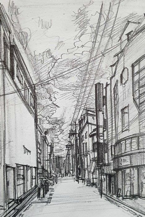 A Pencil Drawing Of A City Street With Buildings And People Walking