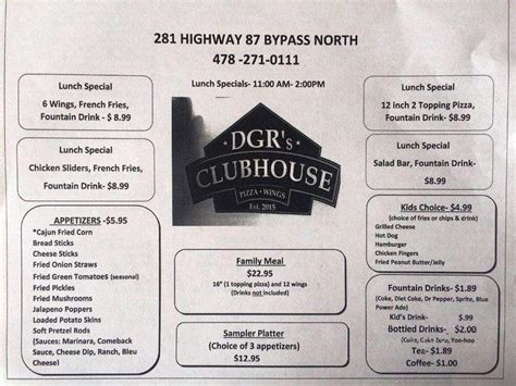 Menu Of Dgrs Clubhouse In Cochran Ga 31014