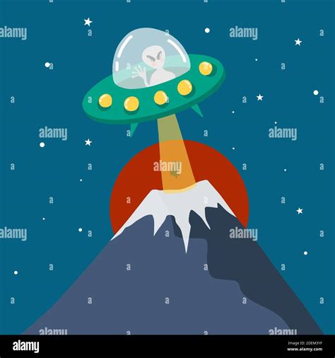 Alien Ufo Talking Cow From Mountain Cartoon Vector Illustration Doodle