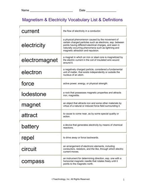 Magnetism And Electricity Vocabulary List And Definitions Pie