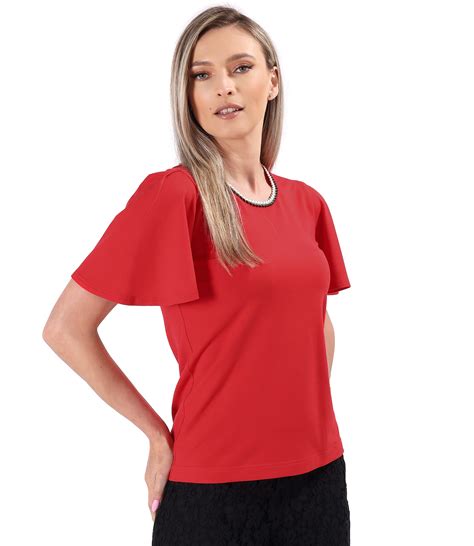 Elegant Elastic Jersey Blouse With Wide Sleeves Red Yokko