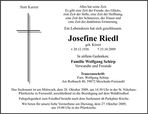 Traueranzeigen Von Josefine Riedl Trauer In Nrw De