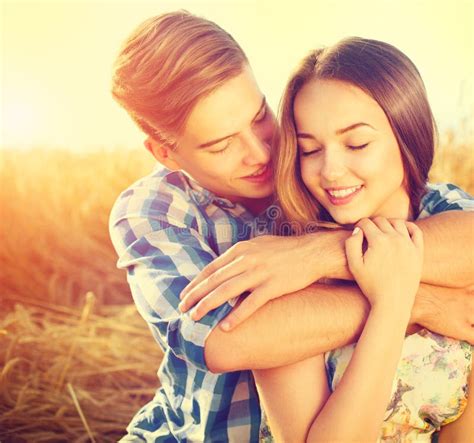 Happy Couple Kissing And Hugging Outdoors Stock Image Image Of Couple