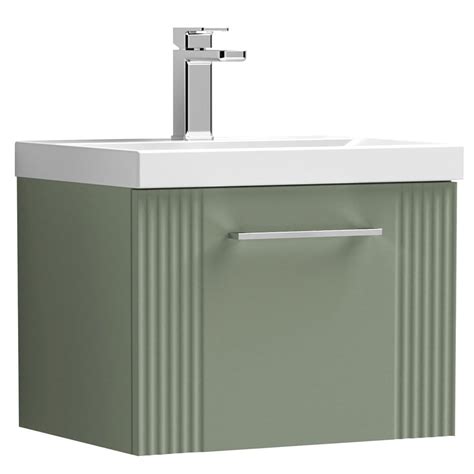 Nuie Deco Satin Reed Green 500mm Wall Hung Single Drawer Vanity Unit And Basin 1 Vanity Units