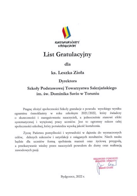 List Gratulacyjny Szkoła Salezjańska w Toruniu