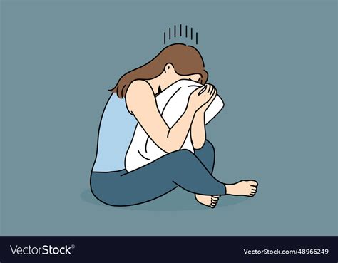 Crying Woman Sits Hugging Pillow And Suffers Vector Image