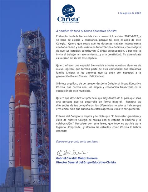 STEAM Colegio Christa McAuliffe Carta De Bienvenida Ciclo Escolar 2022