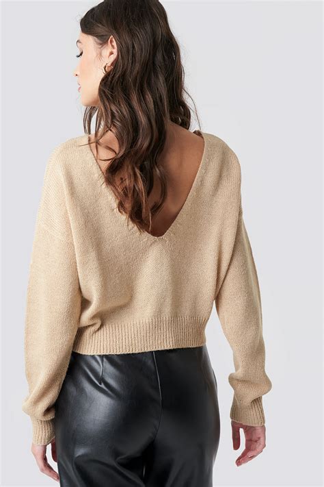 Na Kd V Neck Back Cropped Knitted Sweater Beige Modesens