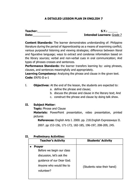 Solution Detailed Lesson Plan In English 7 Phrase And Clause En7g Ii A