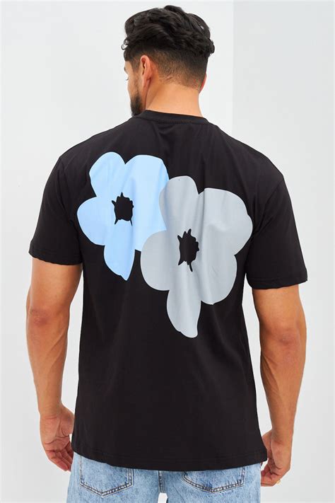 T Shirt Floqué Fleurs Avant Et Arrière Noir Brentiny Paris