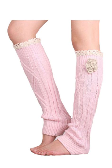 Retro Pink Lace Floral Decorated Knitted Leg Warmers Fashion Women